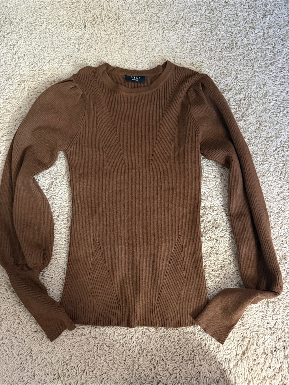 VICI Women’s Chocolate Brown Ribbed Puff-Sleeve Crewneck Sweater - NWOT - Small